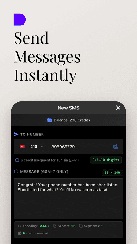 App Ghost con la pantalla para redactar un SMS anónimo y el número del remitente oculto